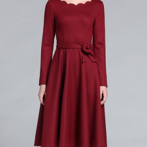 Crew Neck Simple Wool-blend Folds Solid Long Sleeve Midi Dress