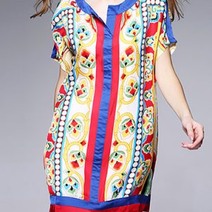 Crew Neck Statement Short Sleeve Silk Printed Mini Dress