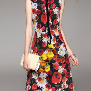 Crew Neck Vintage Silk Floral Sleeveless Midi Dress