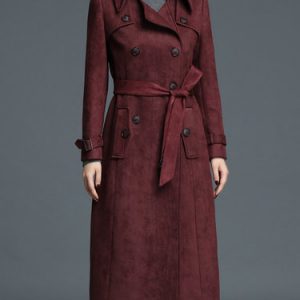 Crimson A-line Faux Suede Buttoned Long Sleeve Coat