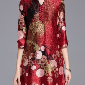 Crimson Floral-print A-line Vintage Appliqued Mini Dress