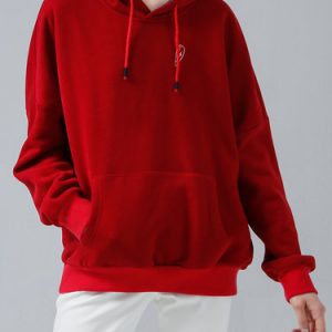 Crimson Plain Long Sleeve Hoodie Cotton-blend Sweatshirt