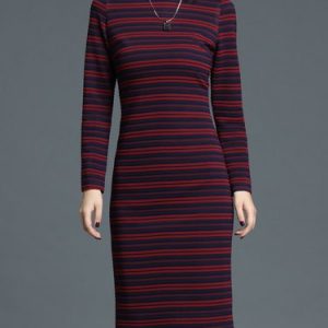 Crimson Stripes Sheath Casual Knitted Midi Dress