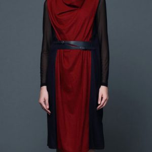 Crimson Wool Blend Color-block Casual Midi Dress