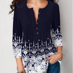 Crinkle Chest Printed Three Quarter Sleeve Blouse - XXL