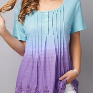 Crinkle Chest Scalloped Hem Lace Patchwork T Shirt - M