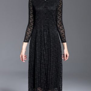 Crocheted 3/4 Sleeve Stand Collar Guipure Lace Midi Dress