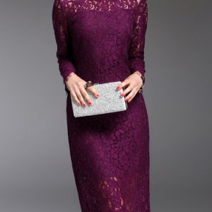 Crocheted Lace Elegant Long Sleeve Sheath Midi Dress