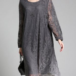 Crocheted Pierced Girly Guipure Lace A-line Crew Neck Midi Dress