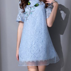 Crocheted Vintage Stand Collar Short Sleeve A-line Mini Dress