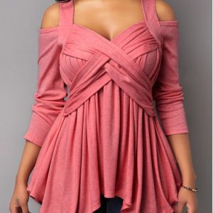 Cross Chest Cold Shoulder Pink T Shirt - M