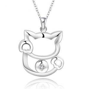 Crystal Fortune Cat Silver Plated Necklace