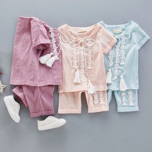 Cute Baby Girl Solid Crochet Patchwork Short Sleeve Two Pieces Suits