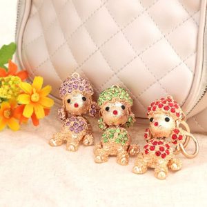 Cute Fashion Crystal Rhinestone Animal Lucky Poodle Dog Pendant Key Ring 18K Gold Electroplated Puppy Key Chain Purse Handbag Charm Accessory Gift