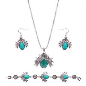 Cute Jewelry Set Beetle Green Turquoise Necklace Bracelet Earrings Kit