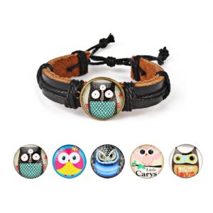 Cute Lovely Round Owl Woven Leather Wrist Bracelet for Women Vintage Jewelry Accessory Gift