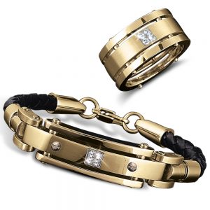 Daniel Steiger Men's Gold and Leather Bracelet with Quattro Ring