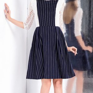 Dark Blue 3/4 Sleeve A-line Crew Neck Midi Dress