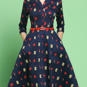 Dark Blue 3/4 Sleeve Pockets Sweetheart A-line Midi Dress With Belt