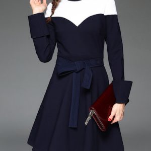 Dark Blue A-line Long Sleeve Cotton-blend Mini Dress