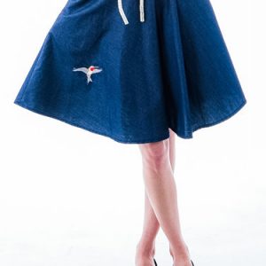 Dark Blue Casual Cotton Embroidered Swing Denim Midi Skirt