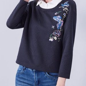 Dark Blue Casual H-line Animal Print Long Sleeved Top