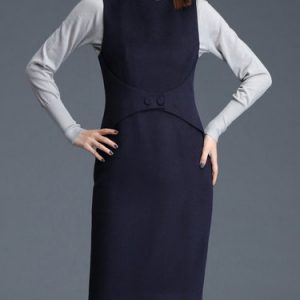 Dark Blue Casual Wool Blend Buttoned Sleeveless Midi Dress