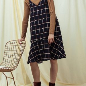 Dark Blue Checkered/Plaid Spaghetti Midi Dress