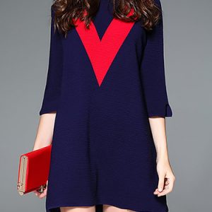 Dark Blue Color Block Simple Half Sleeve Mini Dress