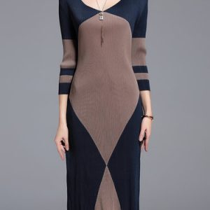 Dark Blue Color-block Casual Midi Dress