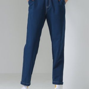 Dark Blue Cotton Casual Color-block Straight Leg Pants