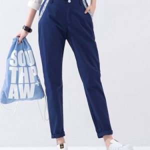 Dark Blue Cotton Casual Straight Leg Pants