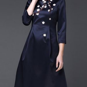 Dark Blue Crew Neck Embroidered Vintage Polyester Midi Dress