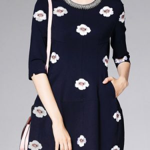 Dark Blue Crew Neck Half Sleeve Cotton-blend Floral Mini Dress