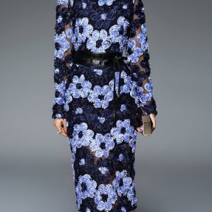 Dark Blue Elegant Appliqued Sheath Midi Dress with Belt