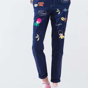 Dark Blue Embroidered Cotton Casual Straight Leg Pants