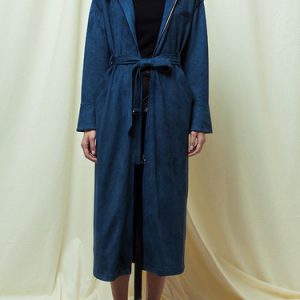 Dark Blue Faux Suede Long Sleeve Solid Zipper Coat with Belt