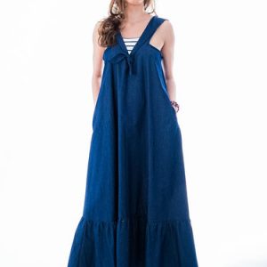 Dark Blue Flounce Sailor Collar Casual Cotton Denim Maxi Dress