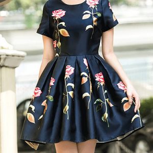 Dark Blue Girly Crew Neck A-line Floral Mini Dress