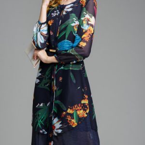 Dark Blue H-line Printed Long Sleeve Chiffon Midi Dress