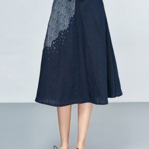 Dark Blue Linen A-line Casual Printed Midi Skirt