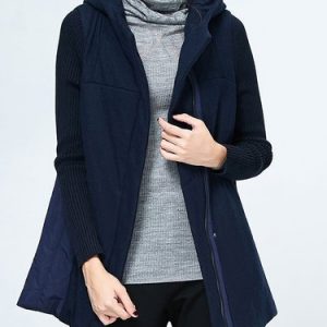 Dark Blue Long Sleeve A-line Pockets Hoodie Coat