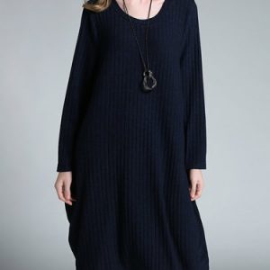 Dark Blue Long Sleeve Crew Neck Ribbed Cocoon Midi Dress