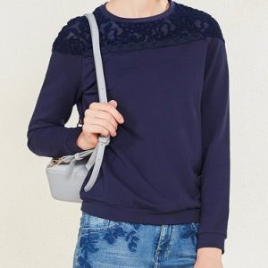 Dark Blue Paneled Plain H-line Long Sleeved Top