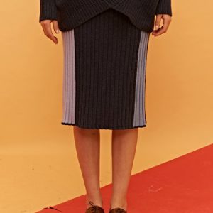 Dark Blue Patchwork Wool Casual Color-block Midi Skirt