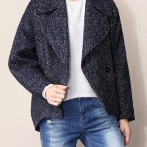 Dark Blue Plain Casual Coat with Belt