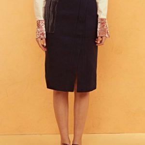 Dark Blue Plain Casual Paneled Bodycon Pencil Skirt