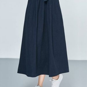 Dark Blue Plain Folds Casual Ramie Cotton Midi Skirt