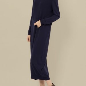 Dark Blue Plain Knitted Long Sleeve Midi Dress