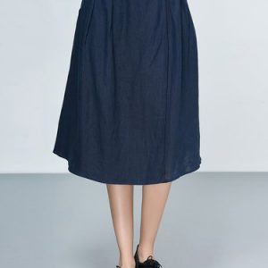 Dark Blue Plain Linen H-line Casual Midi Skirt